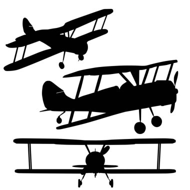 Biplane silhouette set isolated on white background. Vector illustration