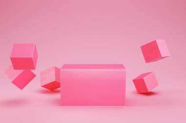 Ürün gösterimi için kutu şeklindeki geometriyle pembe dikdörtgen kaide. 3d hazırlayıcı