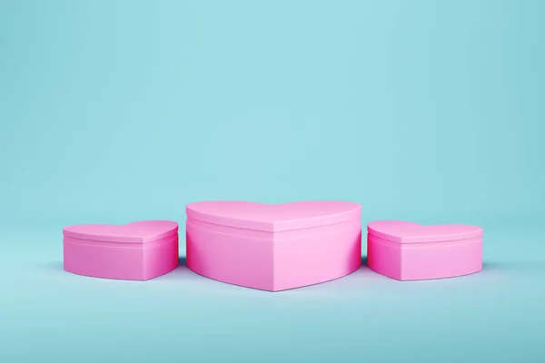 製品表示のためのライトブルーの背景にピンクのハート型の台座 3Dレンダリング — ストック写真