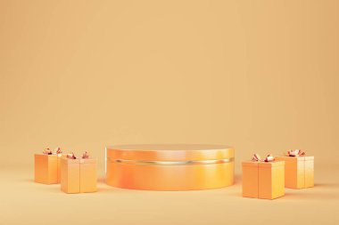 Özet asgari arkaplan. Ürün gösterimi için mevcut kutularla birlikte turuncu silindirik kaide. 3d illüstrasyon