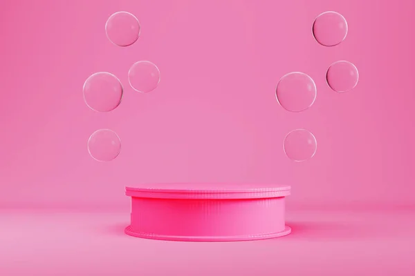 Pink Cylindrical Pedestal Flying Glass Spheres Light Background Product Display — Fotografia de Stock