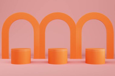 Soyut minimum pastel arkaplan. Ürün gösterimi için yay şekilli turuncu silindirik kaideler veya podyumlar. 3d illüstrasyon