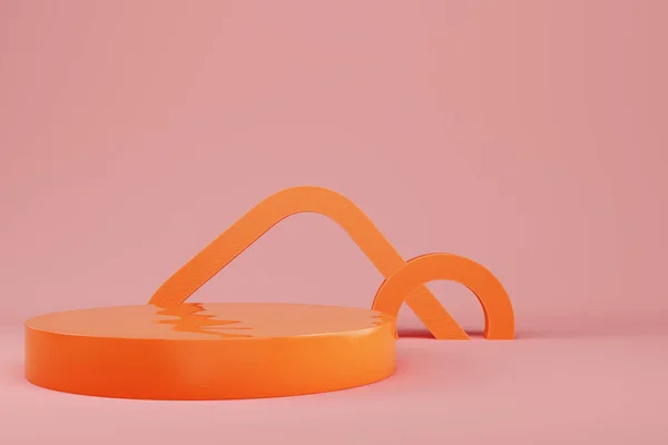 Abstracte Minimale Pastelachtergrond Oranje Cilindervormige Sokkel Podium Met Geometrische Vorm — Stockfoto