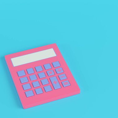Pastel renklerde parlak mavi arkaplanda pembe basit hesap makinesi. Minimalizm kavramı. 3d hazırlayıcı