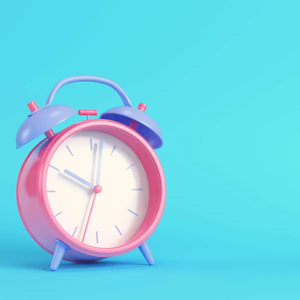 Pink Alarm Clock Bright Blue Background Pastel Colors Minimalism Concept 스톡 이미지