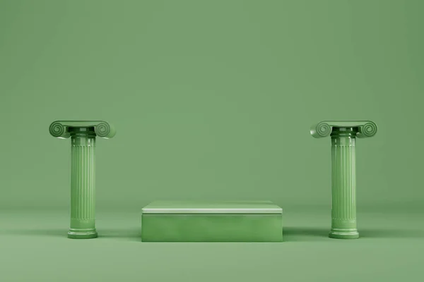Abstrakter Minimaler Hintergrund Grüner Rechteckiger Sockel Mit Antiken Säulen Zur — Stockfoto