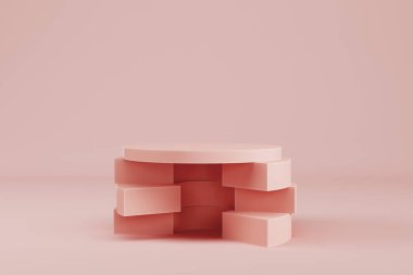 Cream pink color cylindrical pedestal on pastel background for product display. 3d rendering
