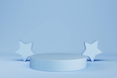 Abstract minimal pastel background. Light blue cylindrical pedestal or podium with stars for product display. 3d illustration