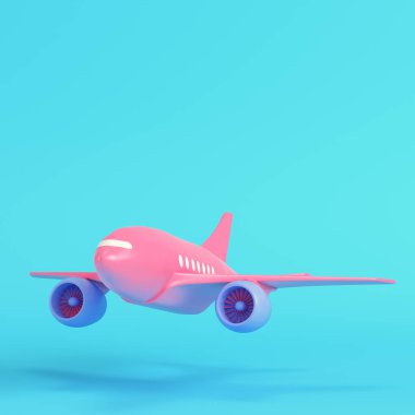 Pink passenger airplane on bright blue background in pastel colors. Minimalism concept. 3d render