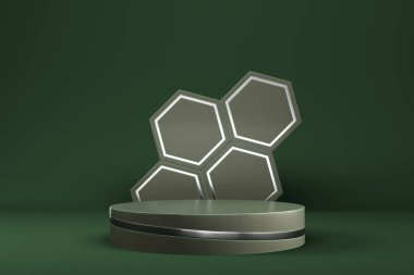 Abstract minimal background. Dark green cylindrical pedestal with hexaganal shape for product display. 3d illustration