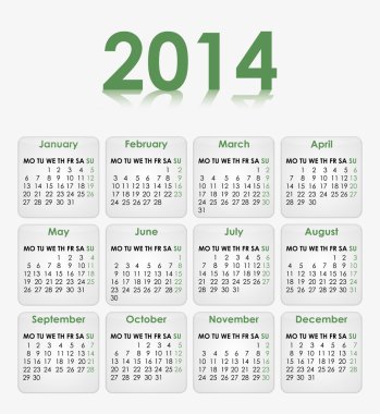 Yeşil yazı ile 2014 takvim