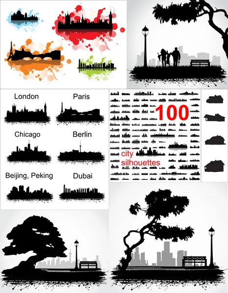 Collectie van silhouetten van steden en stedelijke landschappen — Stockvector