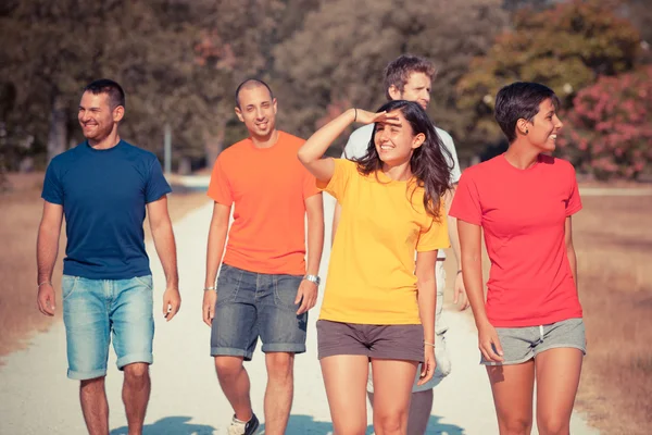 Grupo de Amigos Caminhando Fora — Fotografia de Stock