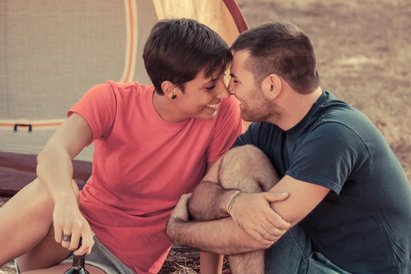 Young Couple Flirting on Camping — Stock Photo, Image