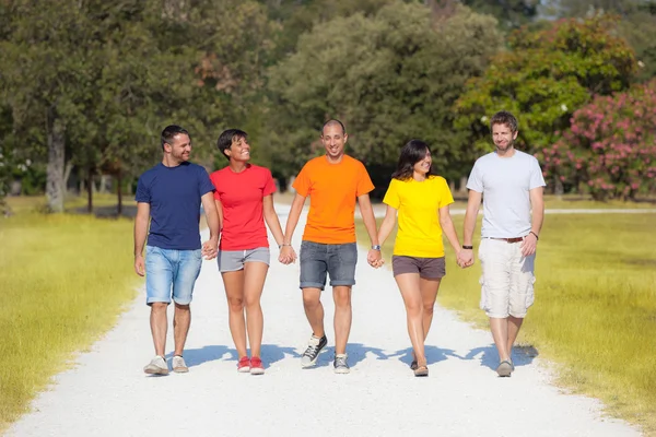 Grupp vänner gå utanför — Stockfoto