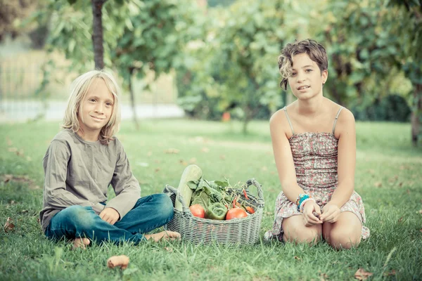 Boy and Girl Holding Basket of Vegetables — Stock Photo, Image
