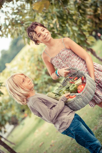 Boy and Girl Holding Basket of Vegetables — Stock Photo, Image