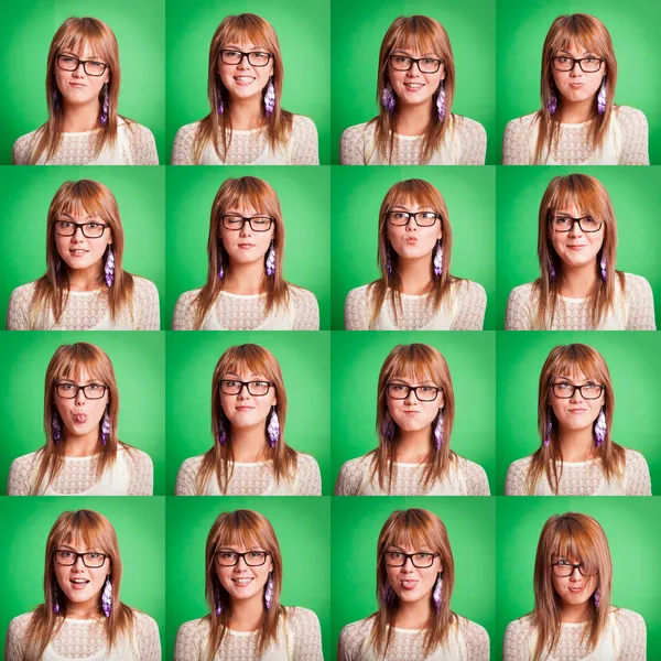 Bela jovem mulher coleção de expressões no verde — Fotografia de Stock