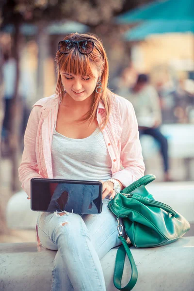 Beautiful Young Woman with Computer Outside — Stock Photo, Image