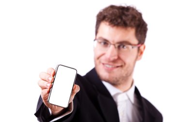 genç işadamı ile smartphone üzerinde beyaz