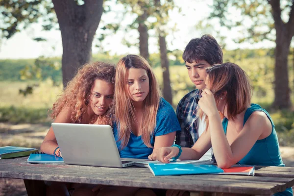 Skupina nezletilých studentů na park s počítačem a knihy — Stock fotografie