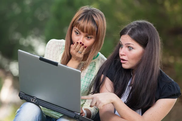 Two Young Women with Computer at Park Royalty Free Stock Photos