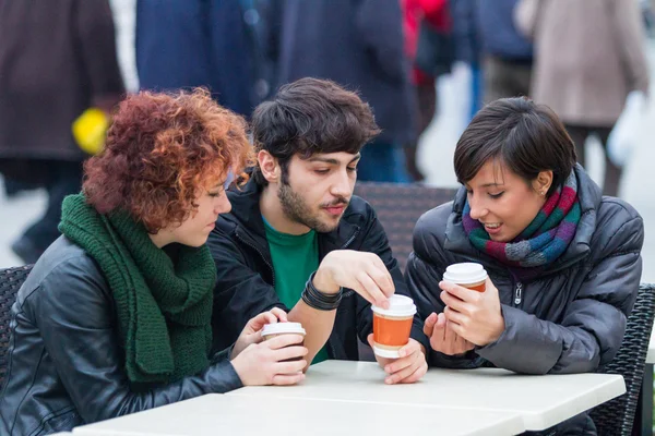Group of Friends with Hot Drink on Winter — Stock Photo, Image
