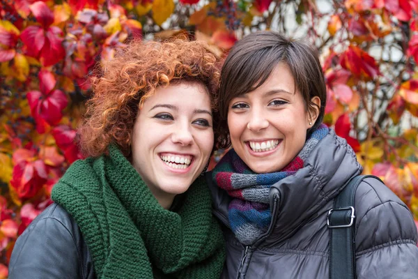 Two Beautiful Young Women Outside on Autumn — Stockfoto