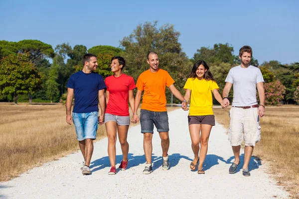 Grupp vänner gå utanför — Stockfoto