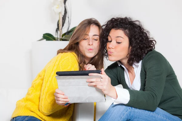 Two Beautiful Women Taking Self Portrait with Digital Tablet — Stock Photo, Image