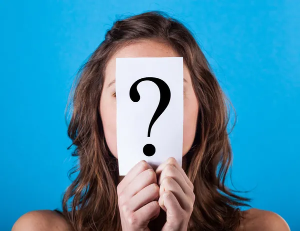 Woman Hiding Behind a Question Mark — Stock Photo, Image