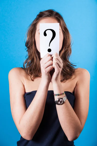 Woman Hiding Behind a Question Mark — Stok fotoğraf