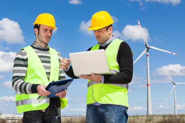 Two Engineers in a Wind Turbine Power Station — Stock Photo, Image