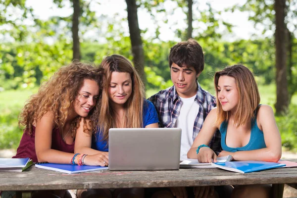 Group of Teenage Students at Park with Computer and Books — Stock Photo, Image