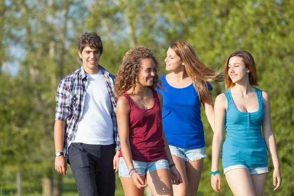 Gruppo di amici adolescenti a piedi al parco — Foto Stock