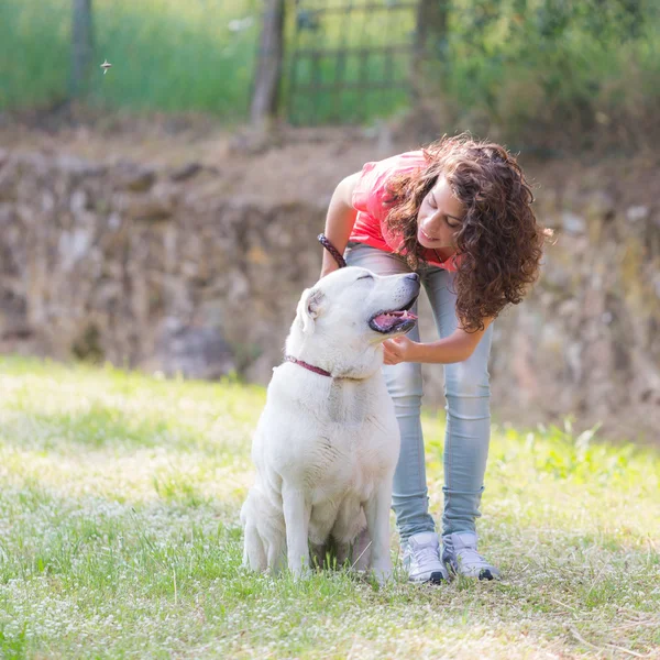 Köpeğiyle yürüyen genç bir kadın — Stok fotoğraf