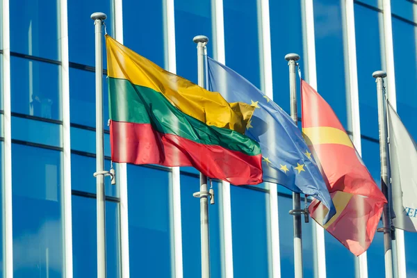 Banderas de Lituania y la UE en el Distrito Financiero de Vilna —  Fotos de Stock
