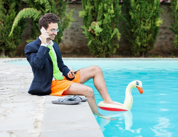 Funny Young Businessman with SwimmingTrunks next to the Pool — Stock Photo, Image