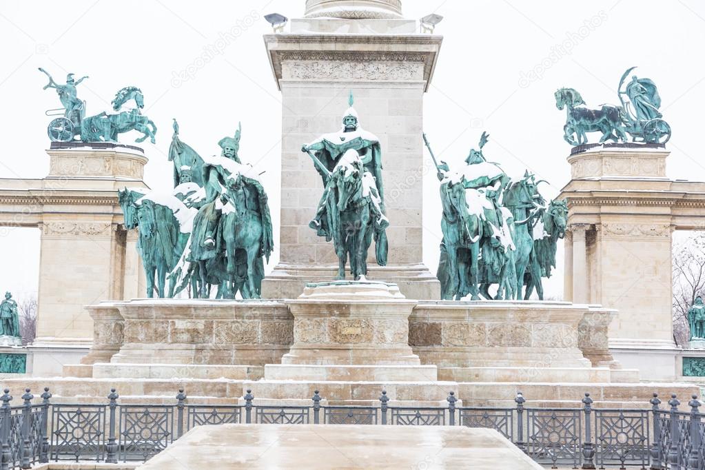 Heroes Square in Budapest with Snow