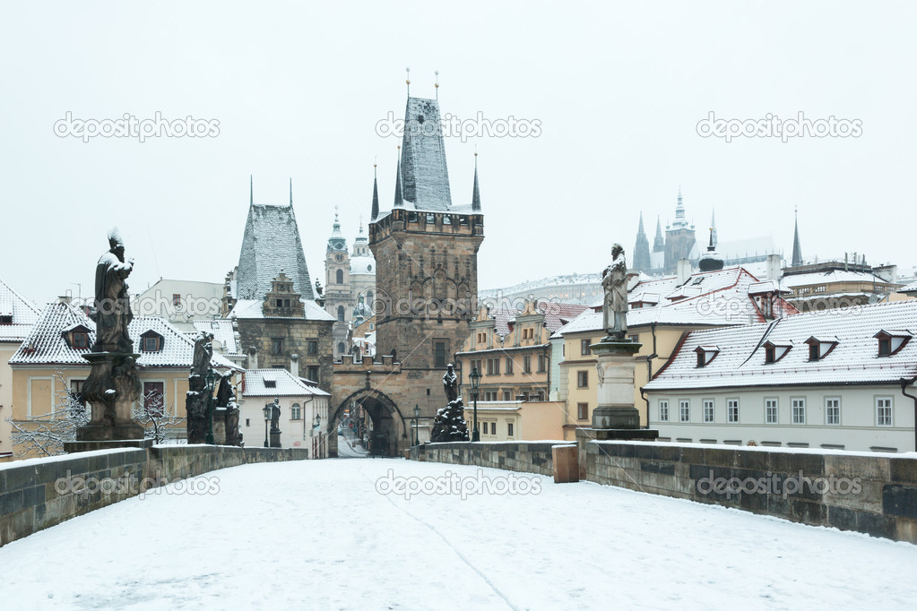 Snow Covered Charles Bridge in Prague