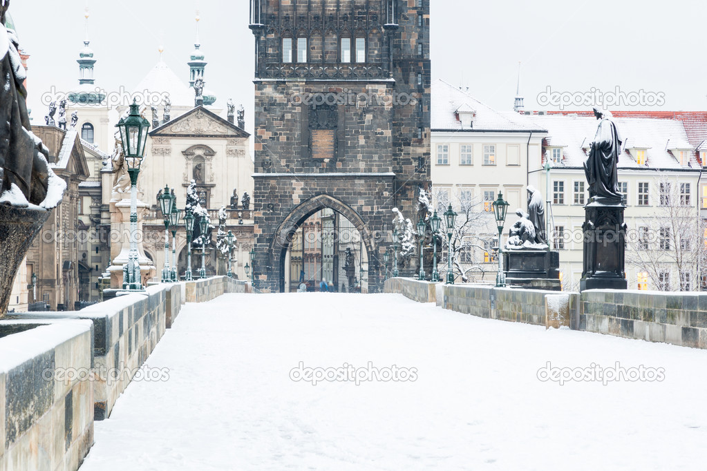 Snow Covered Charles Bridge in Prague