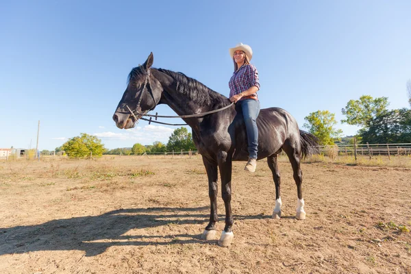 Cowgirl cavalcare un cavallo stallone nero — Foto Stock