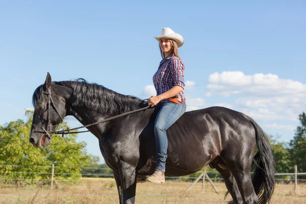 女牛仔骑着黑色种马马 — 图库照片