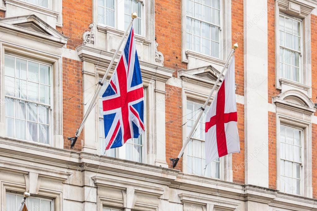 UK and England Flags on a Building Facade