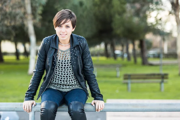 Beautiful Girl with Leather Jacket at Park — Stock Photo, Image