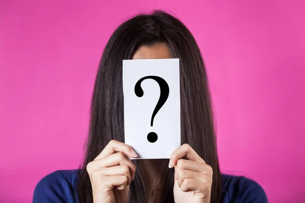 Woman Hiding Face Behind a Question Mark — Stock Photo, Image