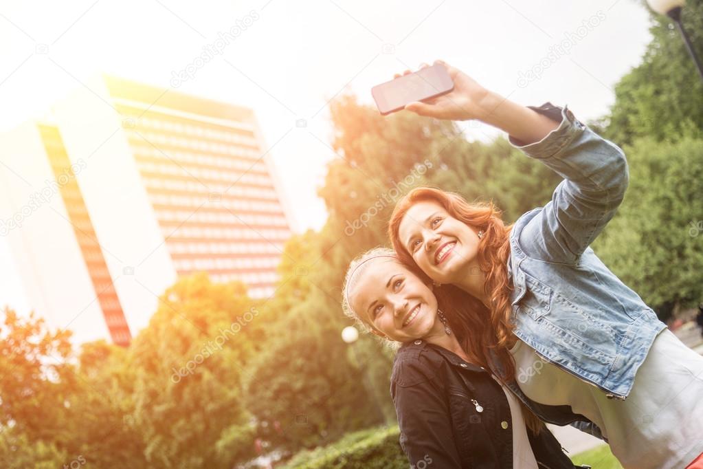 Girls Taking Selfie Mobile Phone