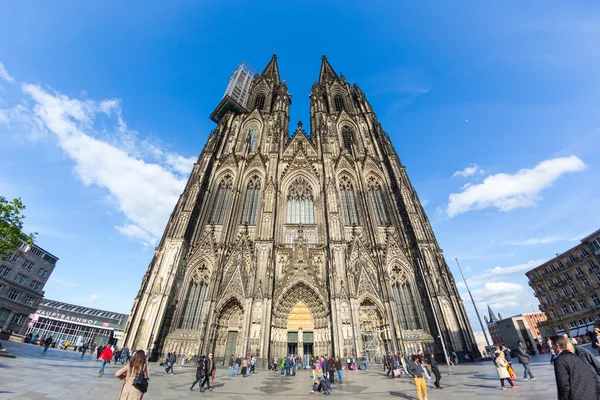 COLOGNE, GERMANY - MAY 07, 2014: Tourists in front of gothic Cathedral — Stock Photo, Image