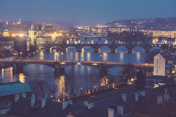 Prague at Twilight, view of Bridges on Vltava