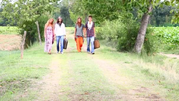 Hippie groep lopen op een platteland weg — Stockvideo